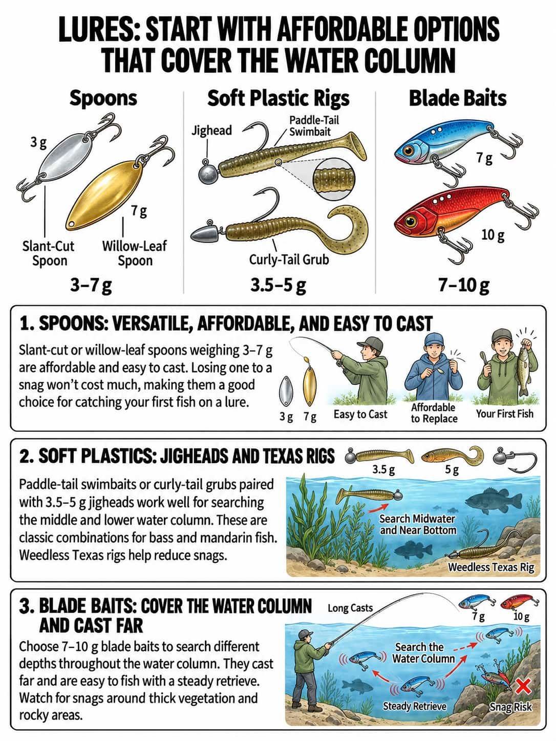 beginner fishing lures spoons soft plastics and blade baits 5