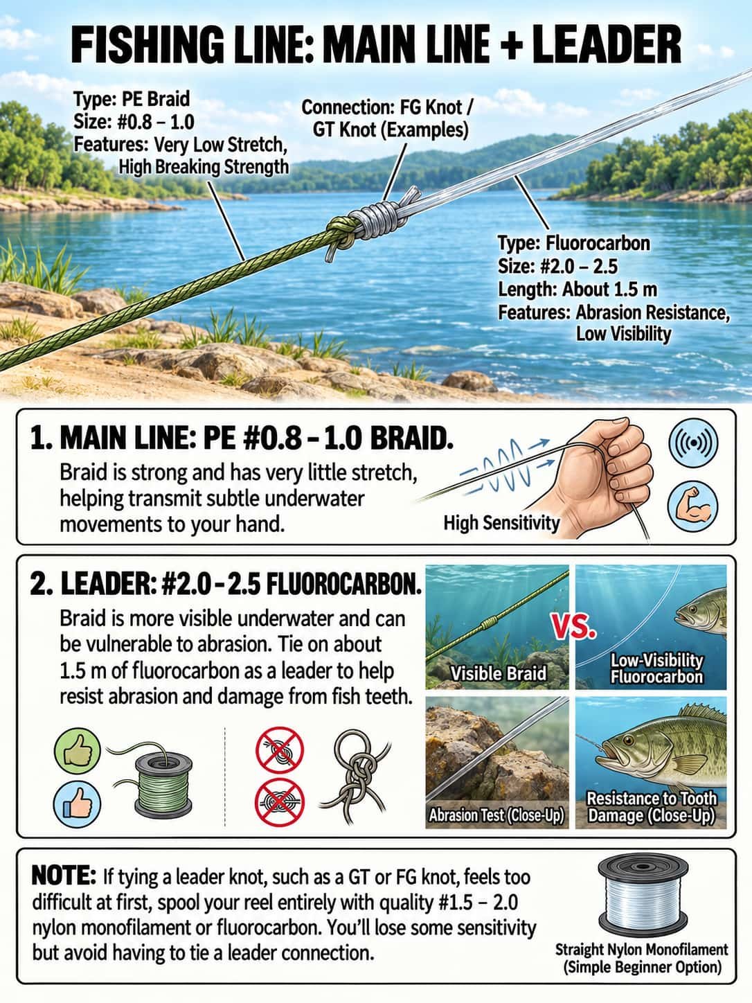 braided main line and fluorocarbon leader setup 4