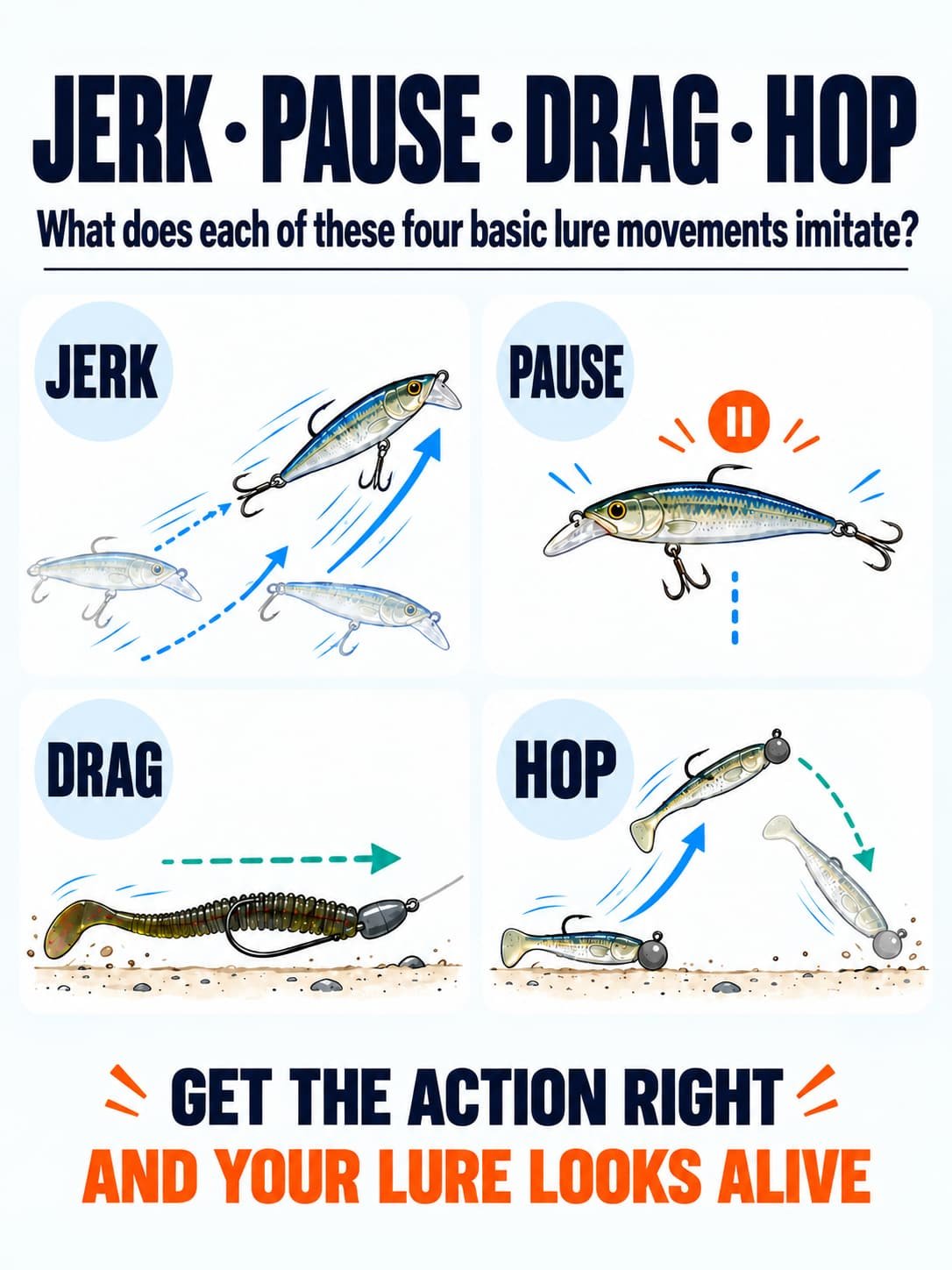 lure retrieval techniques jerk pause drag hop 1